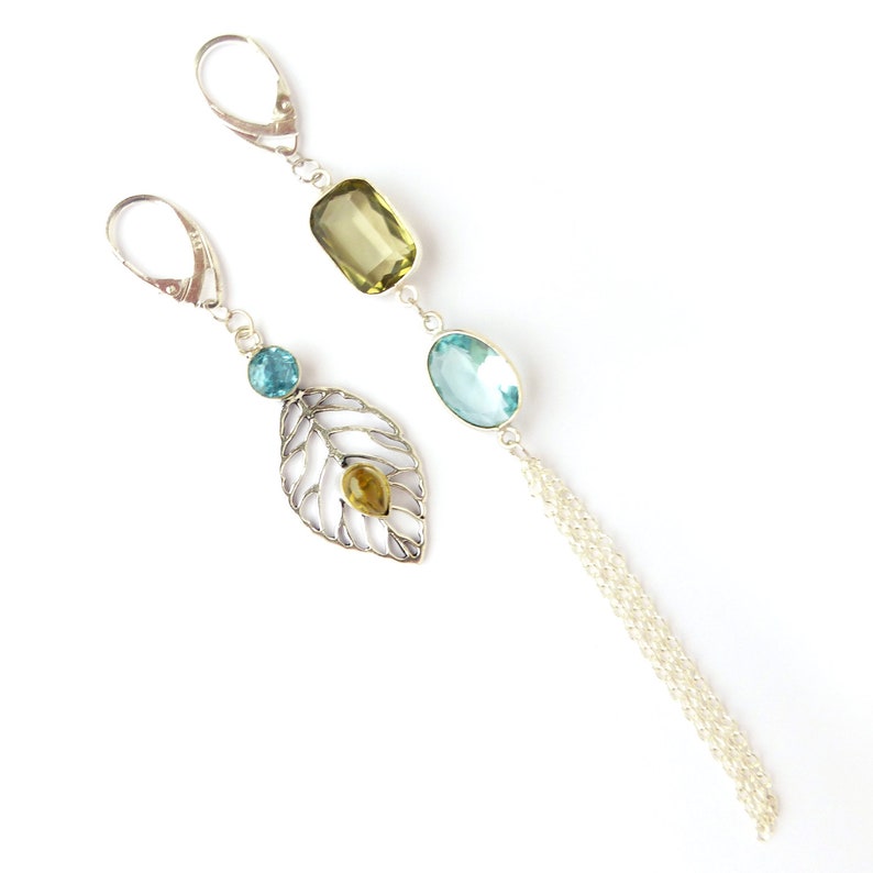 Long mismatched Blue topaz earrings Crystal chandelier silver earrings Statement asymmetrical brown smoky quartz earrings
