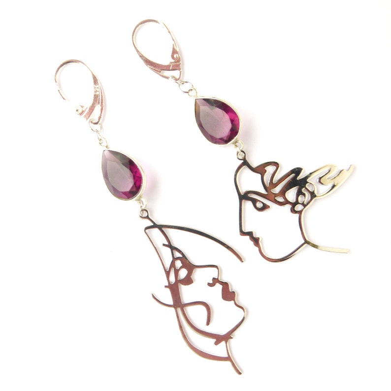 Long mismatched amethyst earrings Crystal chandelier purple silver earrings Statement asymmetric February birthstone earrings