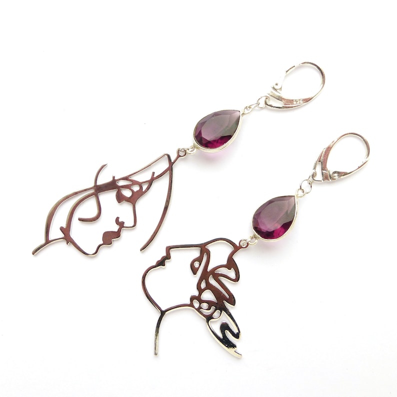 Long mismatched amethyst earrings Crystal chandelier purple silver earrings Statement asymmetric February birthstone earrings