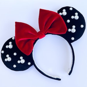Red Velvet Pearl Minnie Ears Black Velvet Pearl Mickey Ears Black Disney Ears Pearl Minnie Mouse Ears Cute Disney Ears Classic Ears
