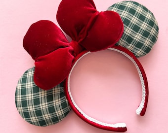 Christmas Minnie Ears - Maroon Red and Green Plaid