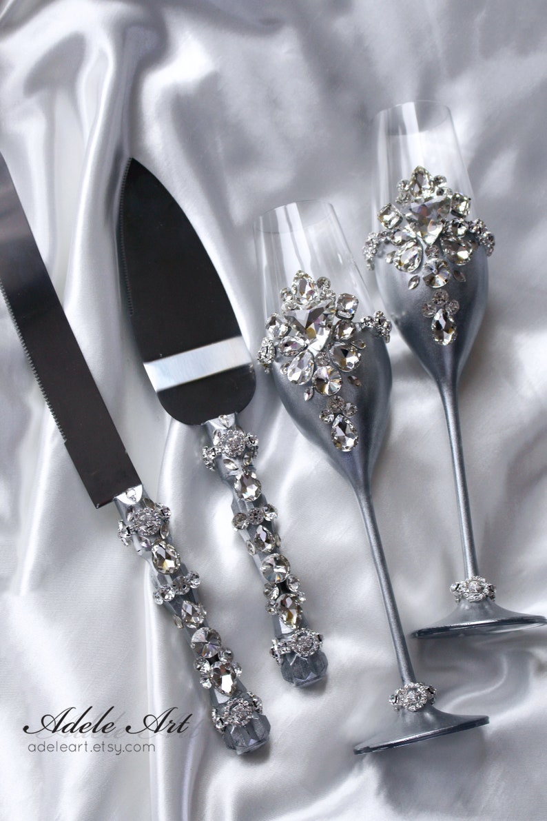 Silver Wedding Flutes set, Personalized Wedding glasses and Cake Server Set, Champagne flutes Cake cutting, Wedding set of 4 pcs image 1