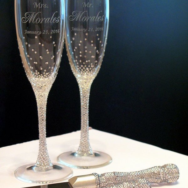 Crystal clear Rhinestones Wedding Flutes set,champagne flutes &set for cake, Swarovski Crystals, Luxury traditional, champagne glasses, 4pcs
