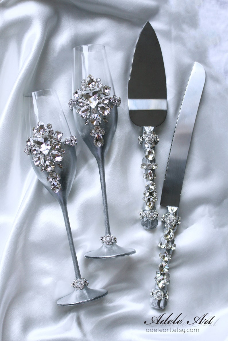 Silver Wedding Flutes set, Personalized Wedding glasses and Cake Server Set, Champagne flutes Cake cutting, Wedding set of 4 pcs image 2
