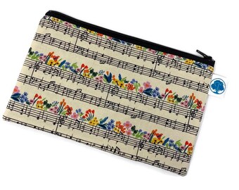 Floral Sheet Music Zipper Pouch: Handmade Cotton Cosmetic Bag