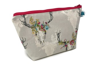 Floral Deer Head | Large Cosmetic Bag | Makeup Bag | Accessory Pouch | Toiletry Bag | Gadget Bag | Jewelry Pouch