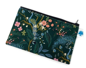 Floral Peacock Hunter Zipper Pouch: Handmade Cotton Cosmetic Bag