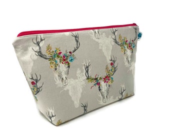 Floral Deer Head - Extra Large Cosmetic Bag - Toiletry Bag - Travel Bag - Makeup Bag - Wet Bag - Accessory Pouch