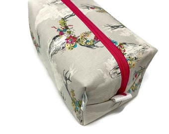 Floral Deer Head - Boxy Bag - Toiletry Bag - Dopp Kit - Travel Bag -Makeup Bag - Accessory Bag - Wash Bag - Wet Bag