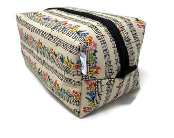 Floral Sheet Music Boxy Toiletry Bag: Handmade Travel Dopp Kit