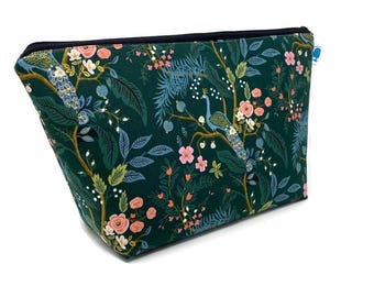 Floral Peacock Hunter Cosmetic Bag: Extra Large Toiletry Travel Pouch