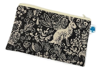 Woodland Cottage Rabbit Zipper Pouch: Handmade Cotton Cosmetic Bag