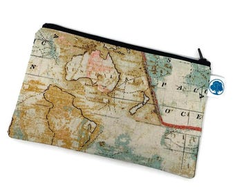 World Map Zipper Pouch: Handmade Cotton Cosmetic Bag