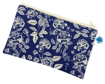 Blue Floral Rose Zipper Pouch: Handmade Cotton Cosmetic Bag