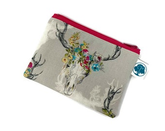 Floral Deer Head - Coin Purse - Coin Bag - Change Purse - Small Cosmetic Bag - Zipper Pouch - Change Pouch