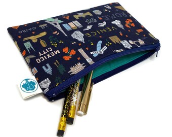 Travel Icons - Pencil Pouch - Makeup Bag - Zipper Pouch - Cosmetic Bag  - Pencil Bag - Pencil Case - Gadget Bag