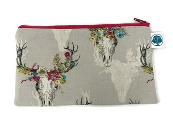 Floral Deer Head- Pencil Pouch - Makeup Bag - Zipper Pouch - Cosmetic Bag  - Pencil Bag - Pencil Case - Gadget Bag