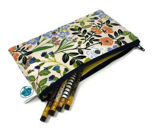 Floral Bee - Pencil Pouch - Makeup Bag - Zipper Pouch - Cosmetic Bag  - Pencil Bag - Pencil Case - Gadget Bag