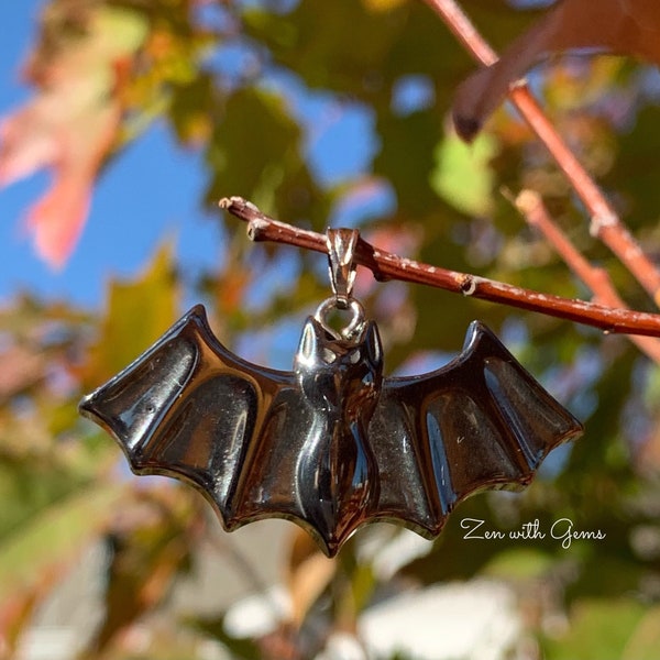 Hematite Bat Pendant, Bat Necklace, Hematite Pendant, Halloween Bat, Samhain Bat, Pendulum, Bats, Sacred Adornment, Spooky Crystal Jewelry!