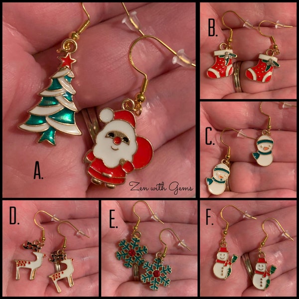 Christmas Dangle Earrings, Holiday Earrings, Santa, Reindeer, Snowman, Snowflake, Stockings Earrings, Gold Earrings, Holiday Gift!