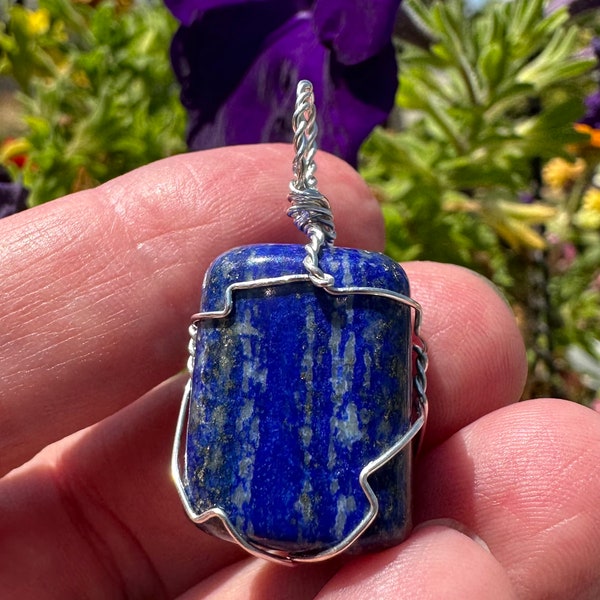 Lapis Lazuli STERLING Silver wire Wrapped Pendant, Lapis Lazuli Necklace, Pendulum, Sacred Parure, Metaphysical, Crystal Jewelry!