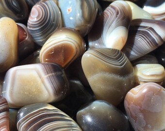 May include: A collection of agate stones with brown, white, and gray banding. The stones are smooth and polished, and they have a variety of shapes and sizes.