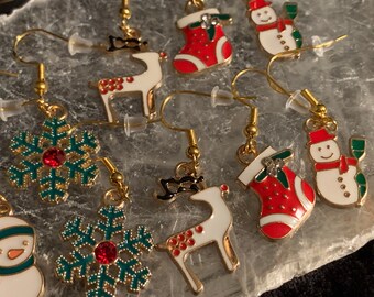 Christmas Dangle Earrings, Holiday Earrings, Santa, Reindeer, Snowman, Snowflake, Stockings Earrings, Gold Earrings, Holiday Gift!
