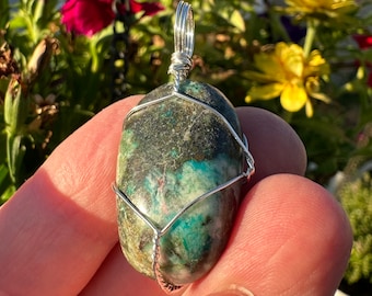 Chrysocolla STERLING Colgante envuelto en alambre de plata, collar de crisocola, péndulo, adorno sagrado, metafísico, joyería de cristal!