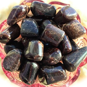 May include: A collection of tumbled dark red garnet stones in a pink and white floral bowl. The stones are smooth and polished, with a deep red color.
