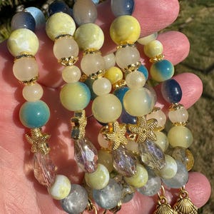 Beach Bracelet, Glass beads, Stretchy, Shell Jewelry, Birthday Gift Her, Bridesmaid Gift, Pastel Bracelet, Cross Jewelry, Starfish Jewelry