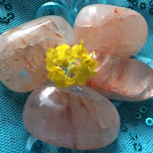 May include: Four tumbled stones of clear quartz with red inclusions. The stones are arranged in a flower shape with a yellow flower in the center.