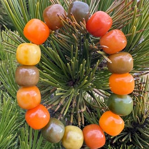 May include: A circular arrangement of colorful beads in shades of orange, yellow, and brown, interspersed with green beads. The beads are set against a backdrop of green pine needles, creating a natural, earthy aesthetic.