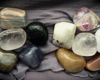 Full Moon, New Moon Set, Peach Rainbow Black Moonstone, Rutilated Quartz, Selenite, Rainbow Aura Quartz, Labradorite, Iolite, Tektite & More