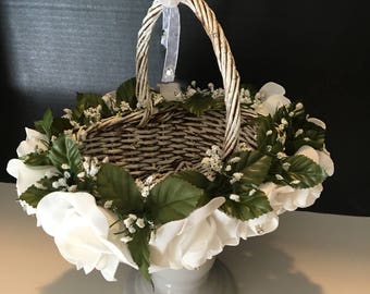 White or Ivory Satin Flower Girl Basket With Misty Rose/mauve - Etsy