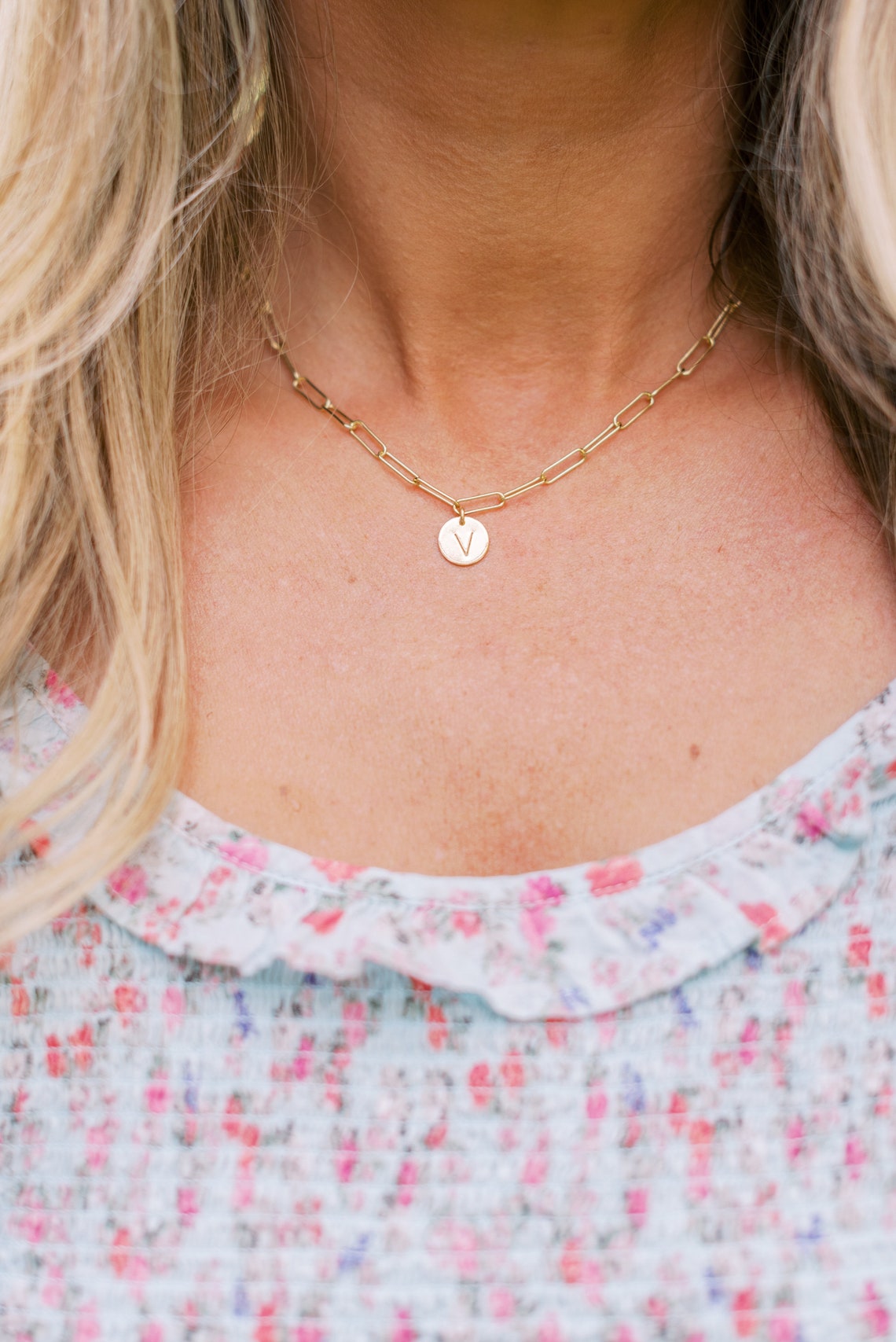 Custom Paper Clip Necklace Initial Charm Round Disk Etsy