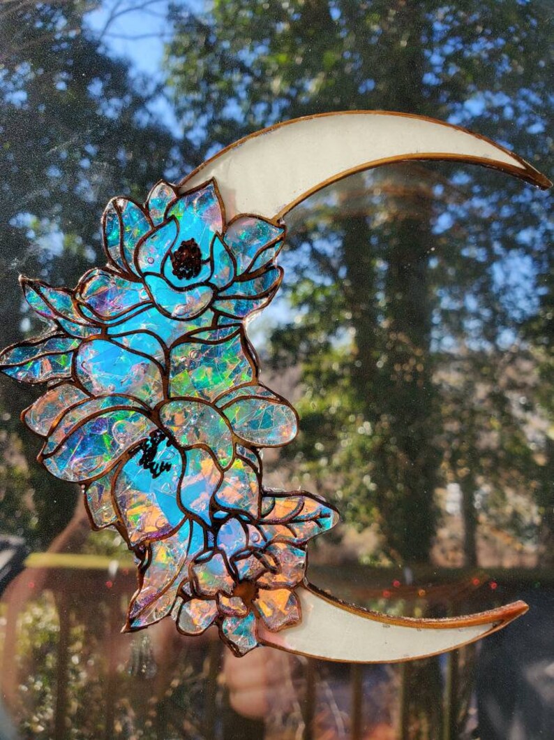 Stained glass effect, glow in the dark, floral crescent moon, sun catcher, window hanging 