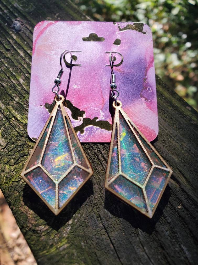 Holographic glow in the dark crystal shape, sun catcher dangle earrin…