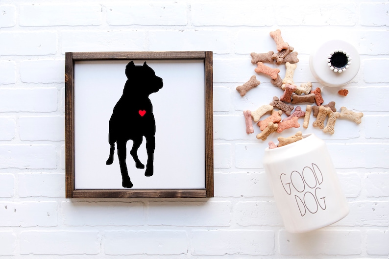 Pitbull Silhouette on White Painted Wood with Wood Frame Farmhouse Decor Dogs Custom Dog Portraits Gift for Dog Lovers Dog Mom Dad