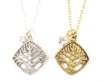 Tree of Life Pendant Necklace, Rhinestone Accent