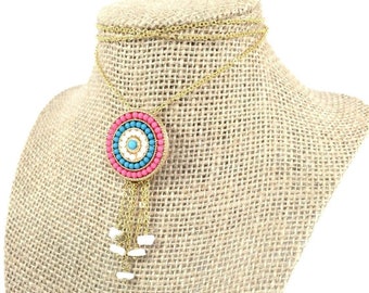 Pink Boho Chandelier Necklace: Gold Plated Bohemian Pendant