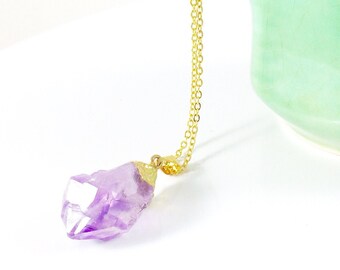 Raw Amethyst Crystal Necklace: Gold Electroplated, February Birthstone