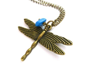 Brass Dragonfly Necklace: Antiqued Charm, Birthstone Gem