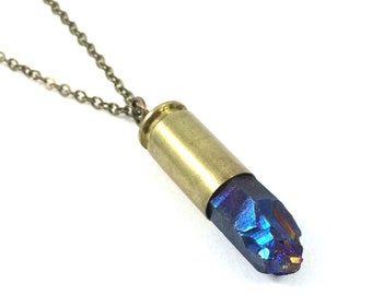 Titanium Aura Quartz Bullet Necklace, Antiqued Brass Chain, Upcycled Jewelry