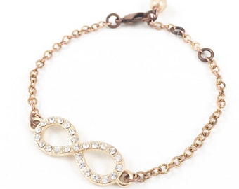 Rose Gold Infinity Bracelet, Rhinestone Charm