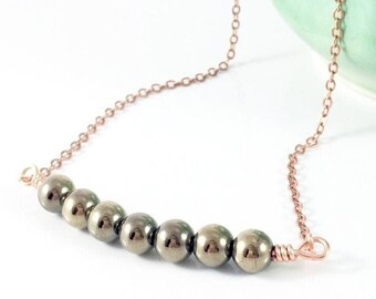Hematite Bar Necklace: Gold Gemstone, Minimalist Energy Jewelry