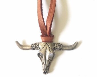 Longhorn Steer Skull Necklace, Rustic Pewter Bull Pendant, Suede Cord