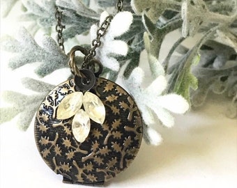 Locket with Crystal, Leaf Necklace, Locket Necklace for Loss, Memorial Gift