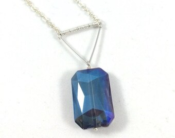 Crystal Necklace, Blue Crystal Pendant Necklace, Silver Triangle Necklace,