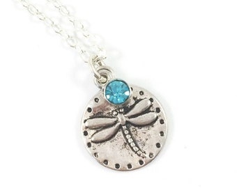 Silver Dragonfly Necklace with Birthstone Gem - Memorial Keepsake