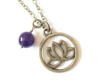 Lotus Pendant Necklace: Amethyst Stone, Yoga Zen Jewelry